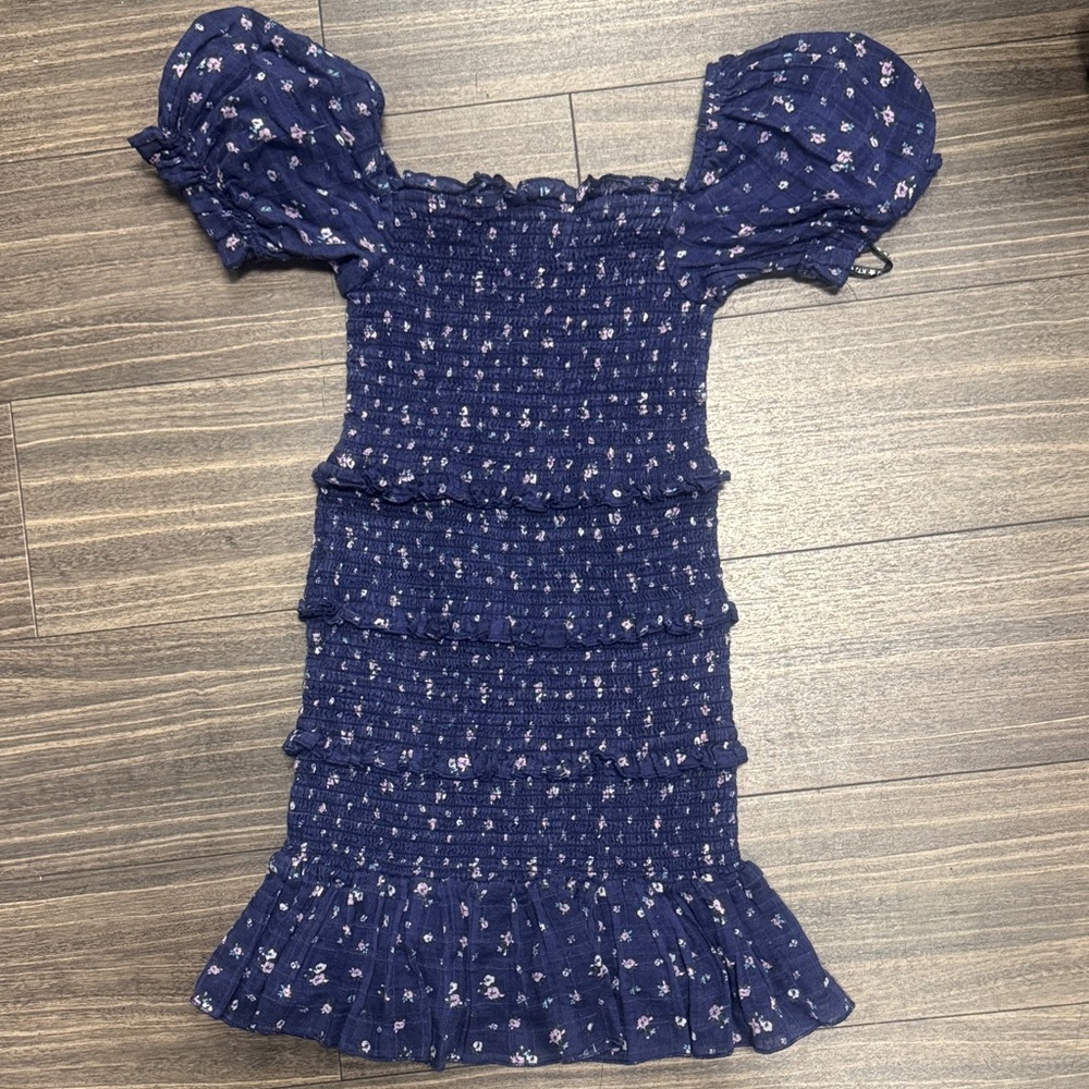 Katie J NYC Navy Blue Smocked Dress with Floral Accents